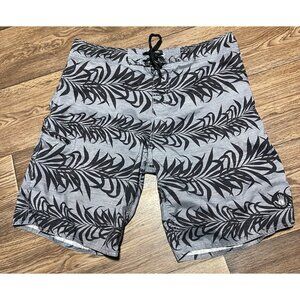 Body Glove Mens Board Shorts Size 36 Gray With Black Tropical Leaf Print Swim